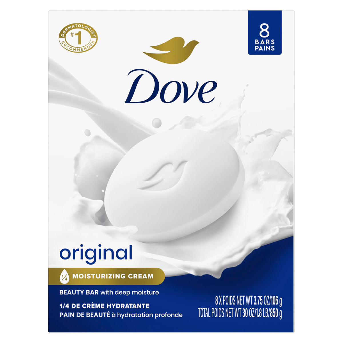 Dove Original front packaging showing eight bars and product benefit