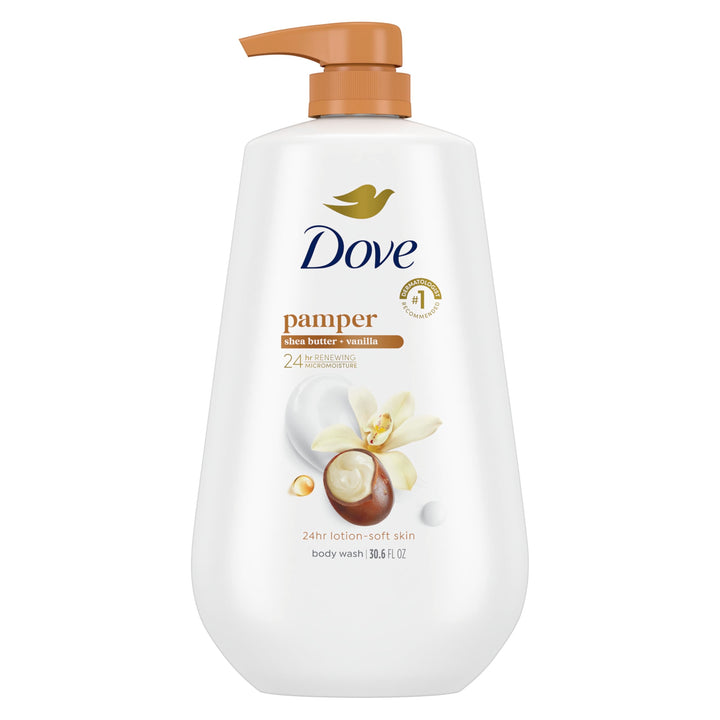 Dove bottle front view showing pump and soothing hydration benefit