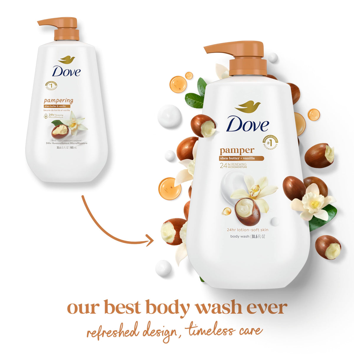 Pump dispensing Dove body wash for easy, mess-free application
