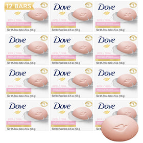 Dove pink beauty bar front packaging showing 12-pack and benefit of hydration