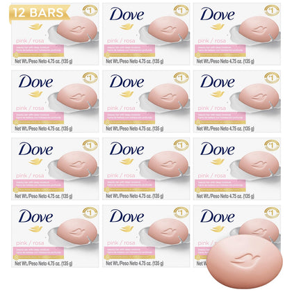 Dove pink beauty bar front packaging showing 12-pack and benefit of hydration