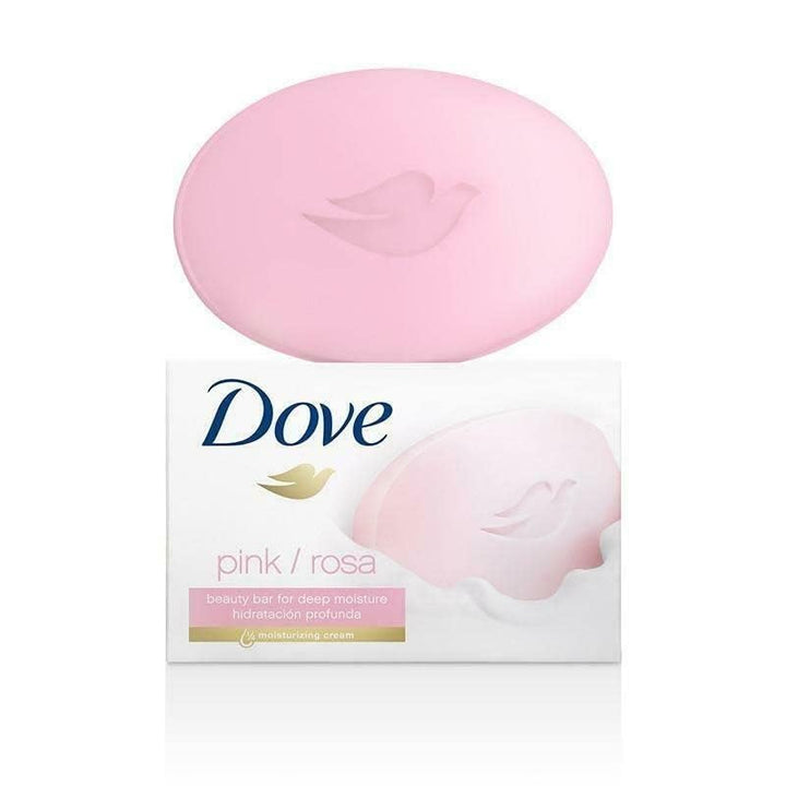 Dove pink beauty bar front packaging showing moisturizing cream benefit
