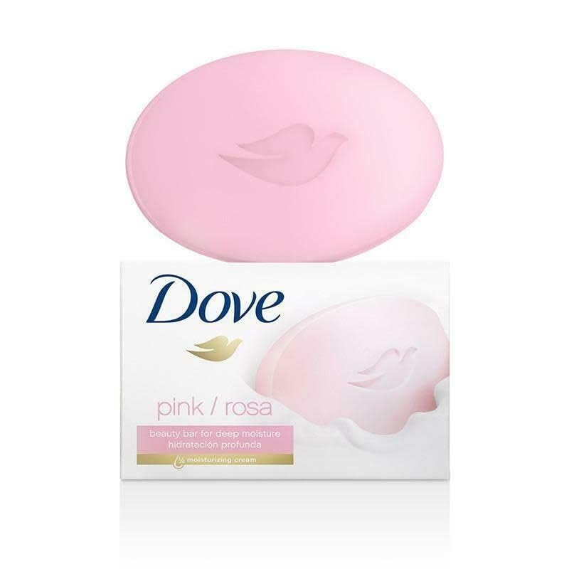 Dove pink beauty bar front packaging showing moisturizing cream benefit