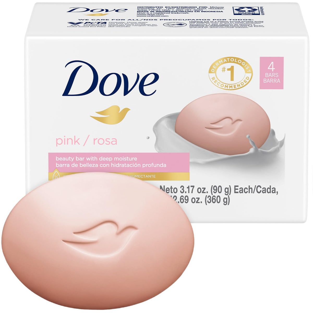 Dove pink beauty bar front packaging showing pack of four and gentle formula benefit