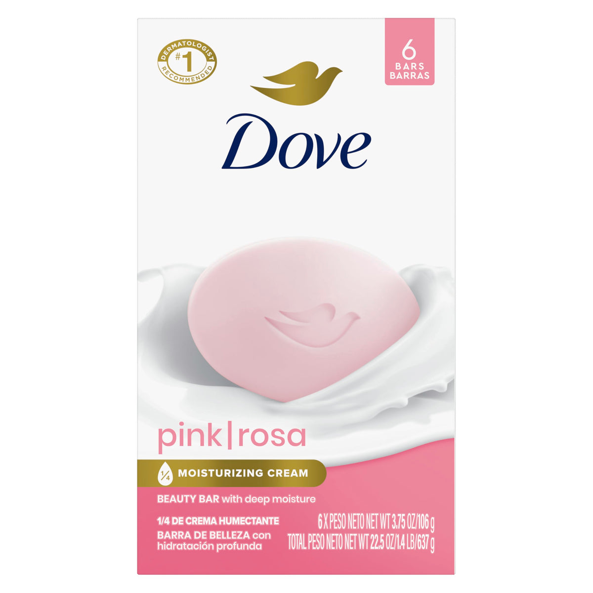Dove Pink Rosa front packaging showing six moisturizing bars and benefits