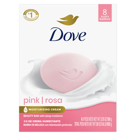 Dove Pink Rosa front packaging showing eight bars and benefits