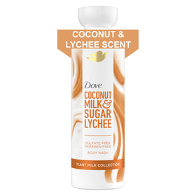 Dove front packaging showing coconut and lychee scent and moisturizing benefit