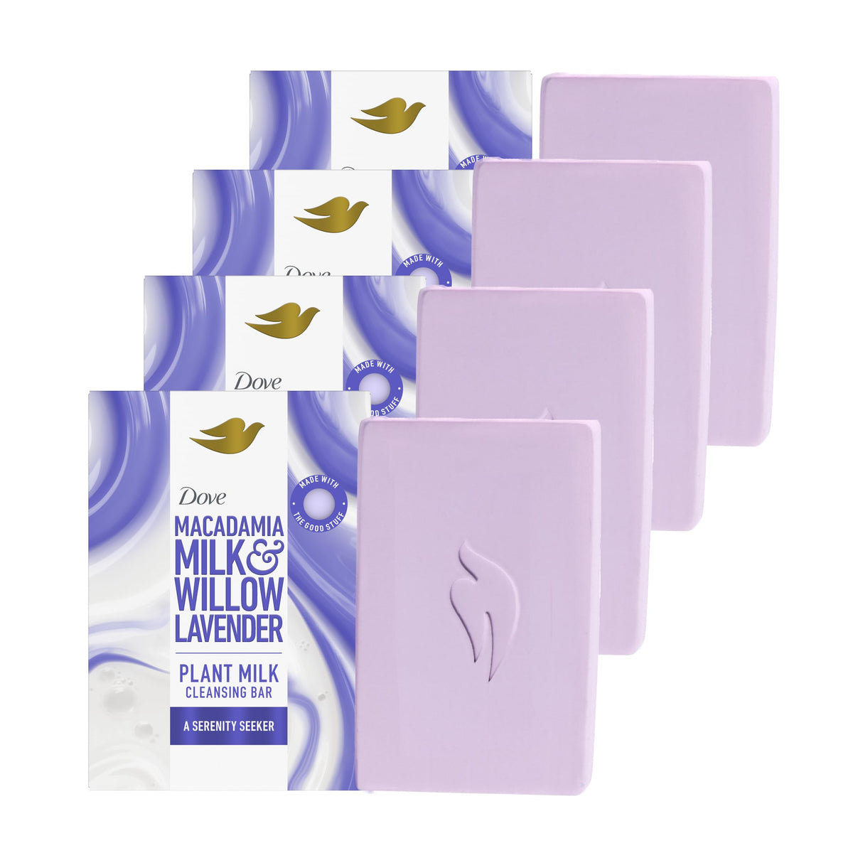 Dove front packaging showing macadamia milk and lavender, highlights nourishing formula