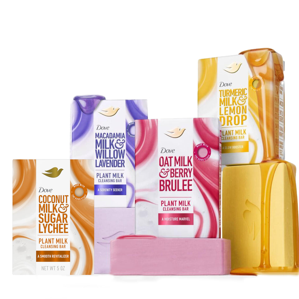 Dove variety pack front view showing four plant milk cleansing bars and packaging benefits