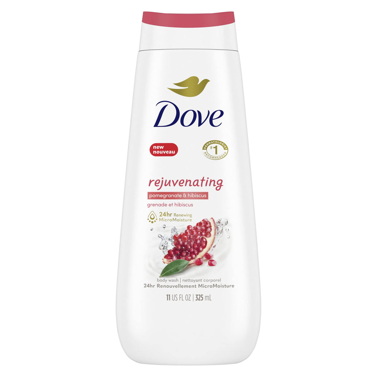 Dove bottle front packaging showing pomegranate and hibiscus, indicating nourishing care