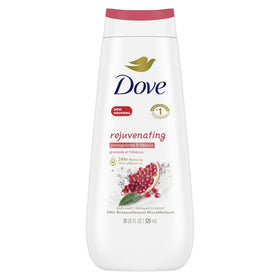 Dove bottle front packaging showing pomegranate and hibiscus, indicating nourishing care