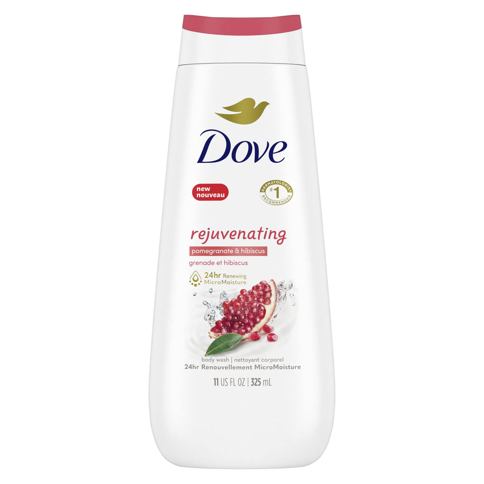 Dove bottle front packaging showing pomegranate and hibiscus, indicating nourishing care