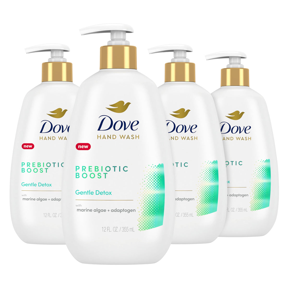 Dove bottle front packaging showing label and four-pack convenience