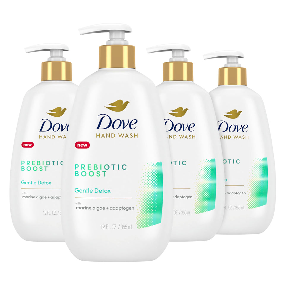 Dove bottle front packaging showing label and four-pack convenience