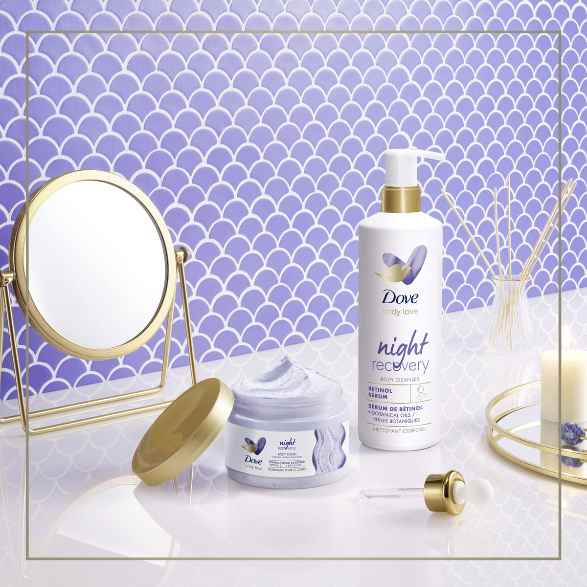 Dove product bathroom lifestyle scene suggesting nighttime routine and relaxing use