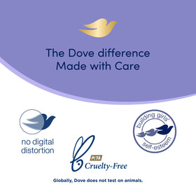 Size comparison with hand showing Dove 5.5 fl oz bottle scale for travel and home use