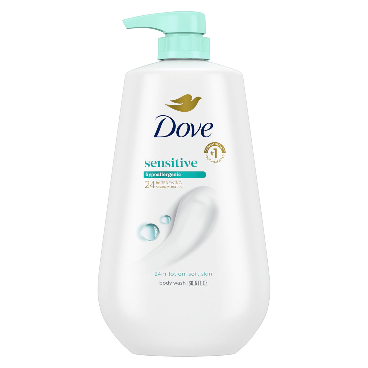 Dove pump bottle front view showing brand and large 30.6 oz size benefit