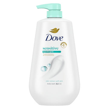 Dove pump bottle front view showing brand and large 30.6 oz size benefit
