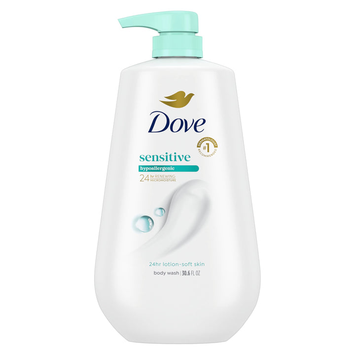 Dove pump bottle front view showing brand and large 30.6 oz size benefit