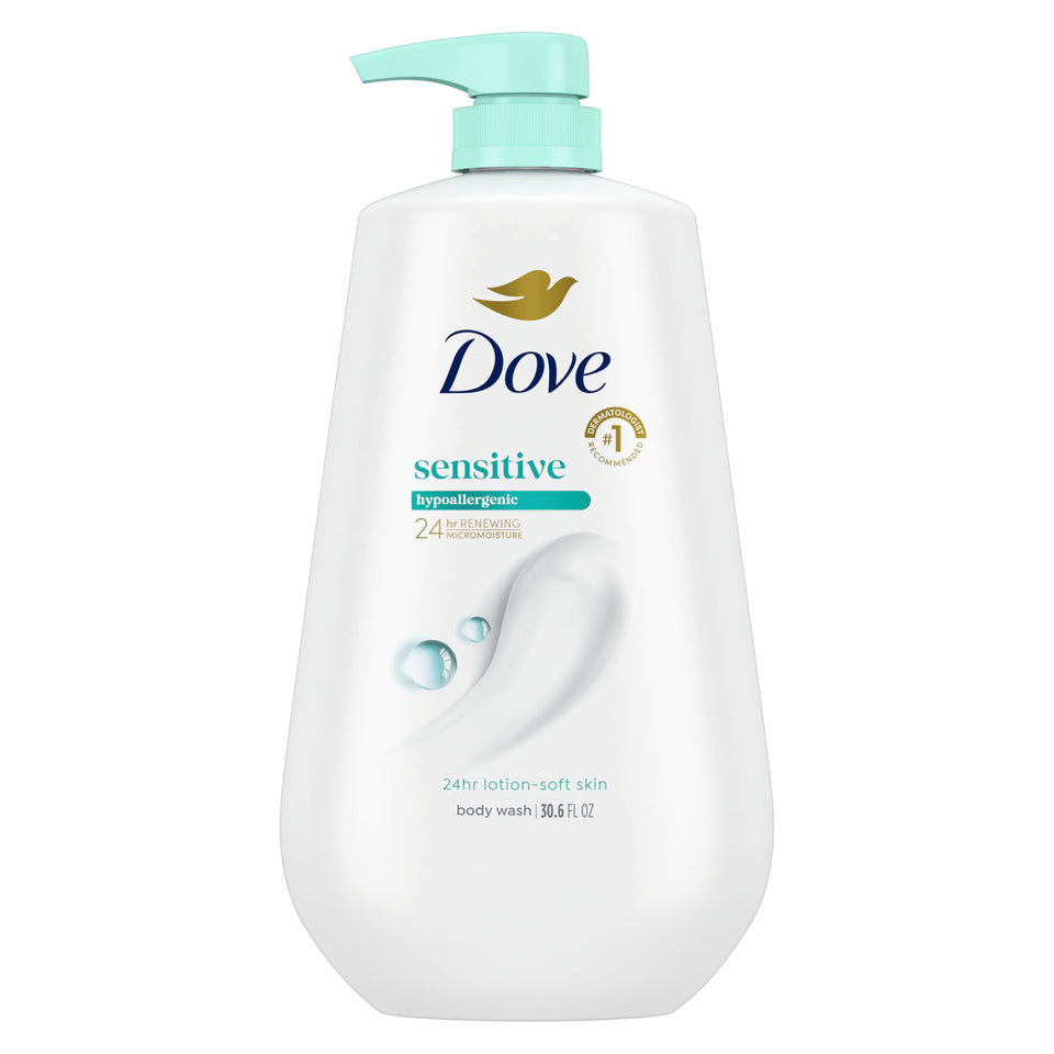 Dove pump bottle front view showing brand and large 30.6 oz size benefit