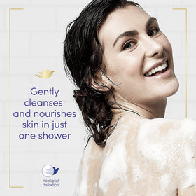 Dove pump dispense closeup pouring mild body wash for easy application
