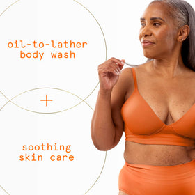 Dove pump dispensing oil-drop demonstrating nourishing texture and easy use