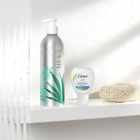 Dove recyclable materials label close-up showing eco-friendly packaging benefit