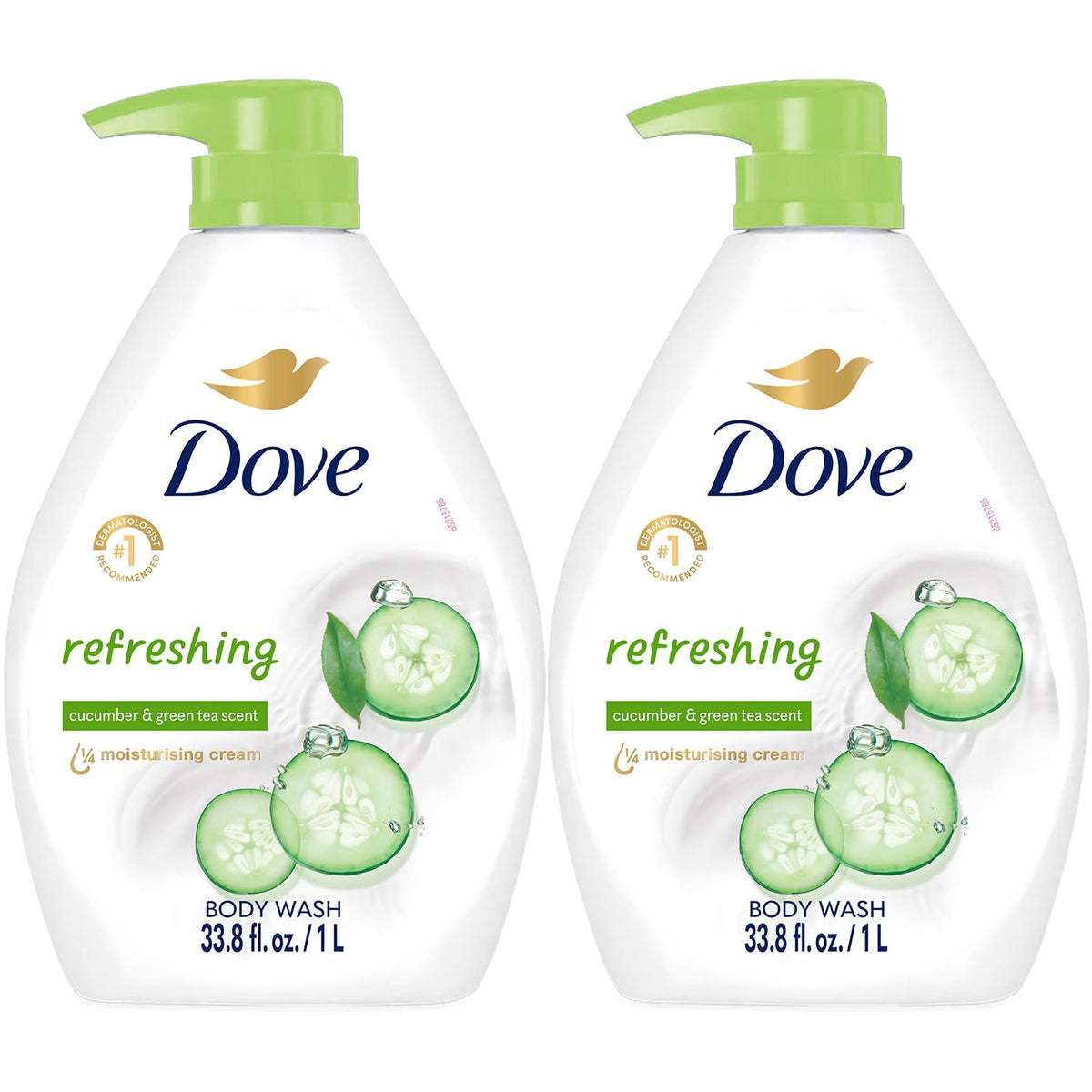 Dove bottle front packaging showing calming cucumber scent and moisturizing benefit
