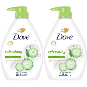 Dove bottle front packaging showing calming cucumber scent and moisturizing benefit