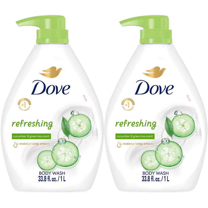 Dove bottle front packaging showing calming cucumber scent and moisturizing benefit