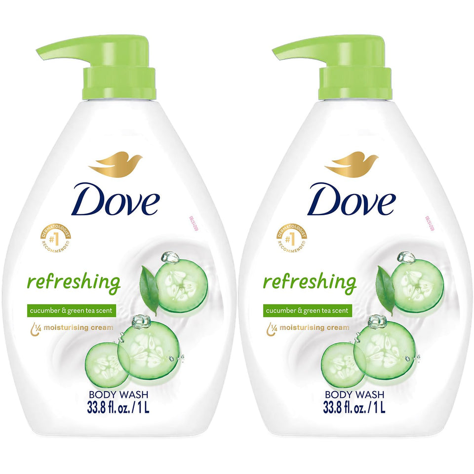 Dove bottle front packaging showing calming cucumber scent and moisturizing benefit
