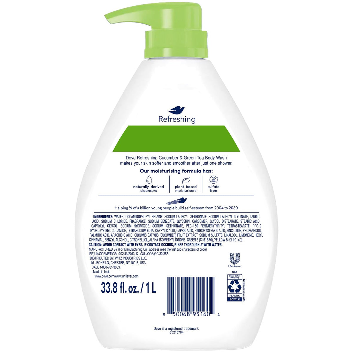 Dove pump and label close-up highlighting ingredients and gentle cleanser benefit