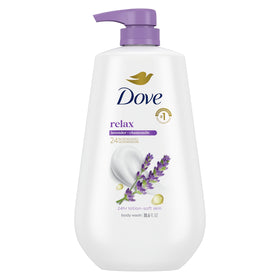 Dove bottle front with pump showing calming lavender and chamomile scent benefit