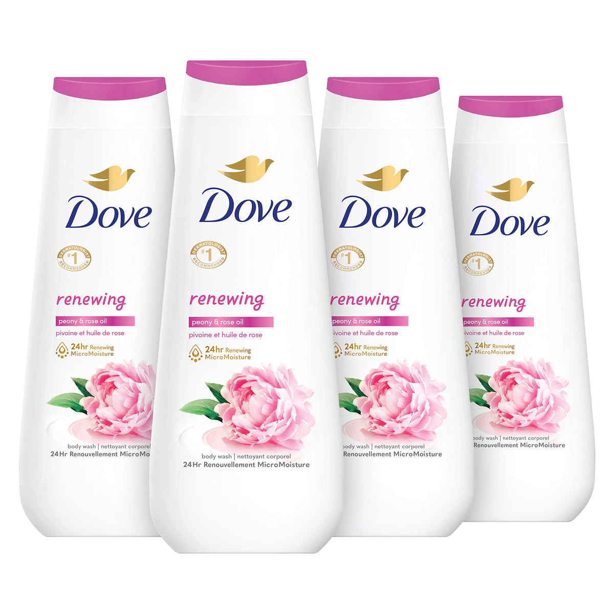 Dove bottle front packaging showing peony rose fragrance and benefit
