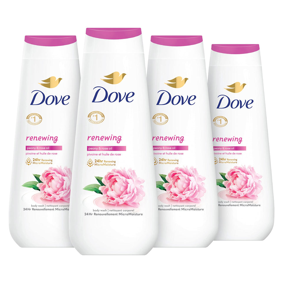 Dove bottle front packaging showing peony rose fragrance and benefit