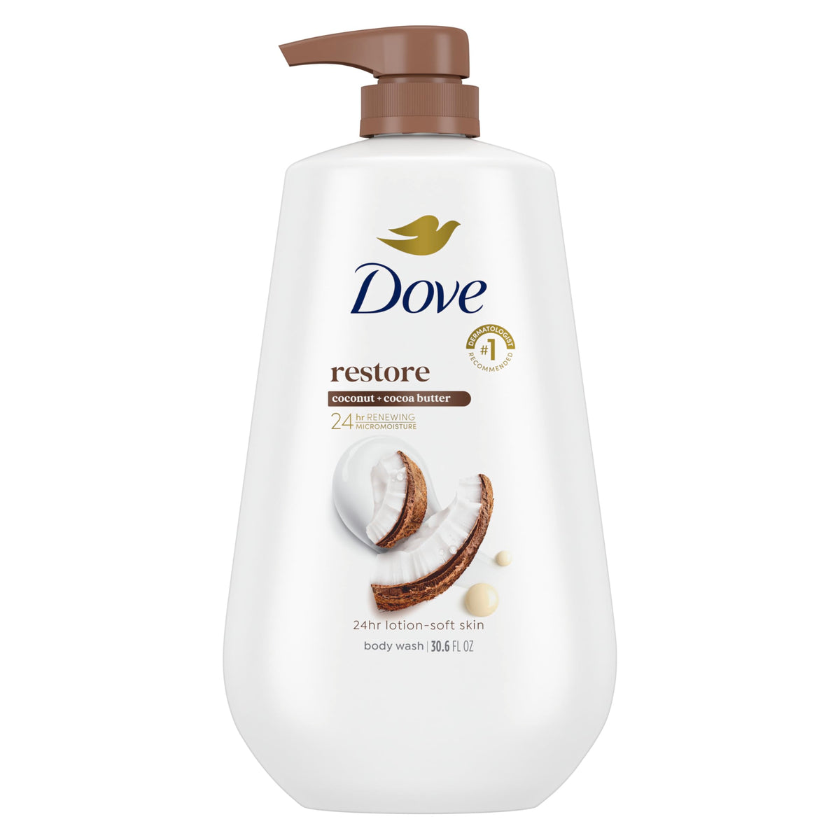Dove bottle front pump showing label and scent, reassuring brand hydration