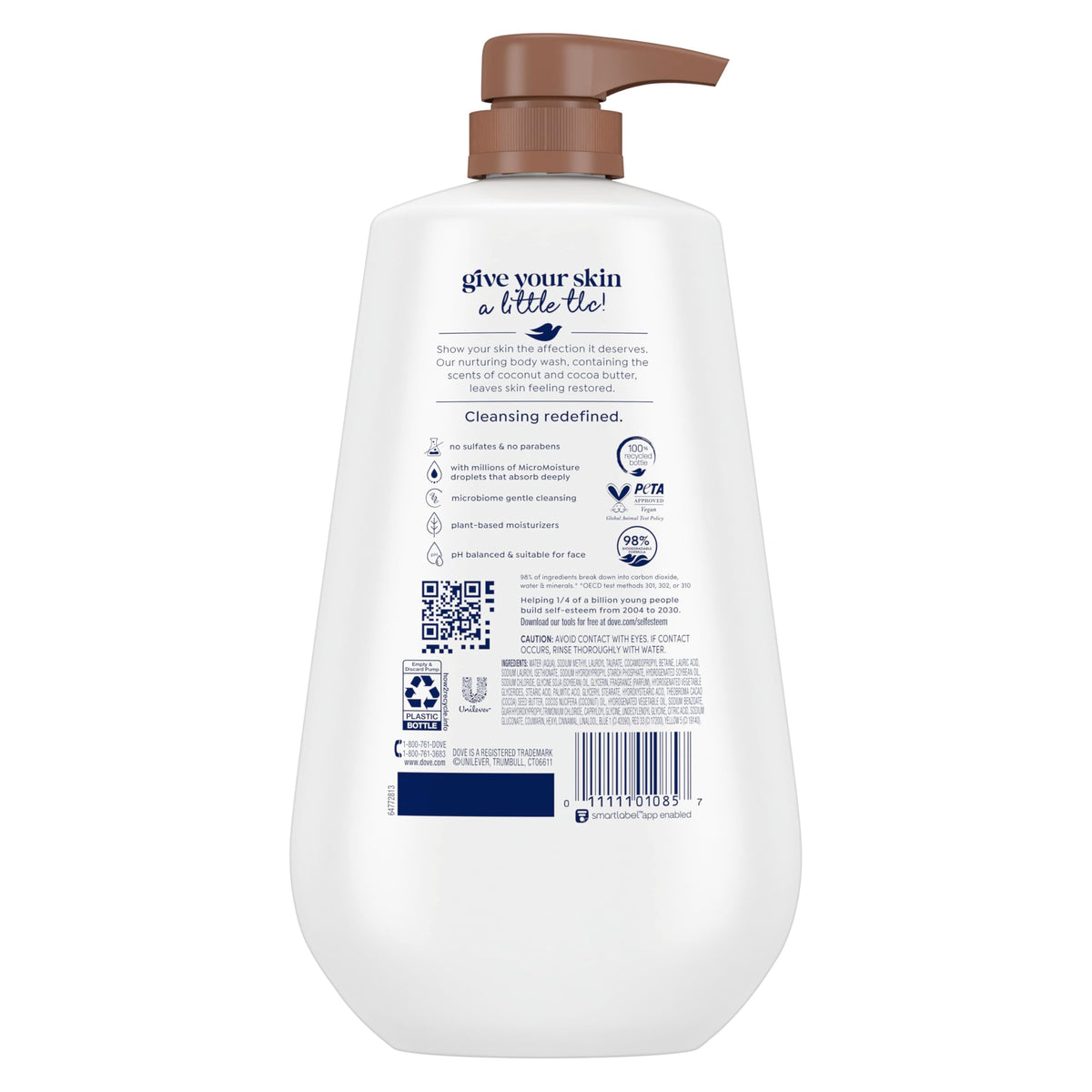 Dove body wash pouring into loofah, demonstrating rich lather and nourishment