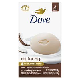 Dove beauty bar front packaging showing six bars and moisturizing benefit