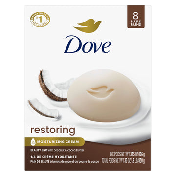 Dove restoring beauty bar front packaging showing bar benefits and scent