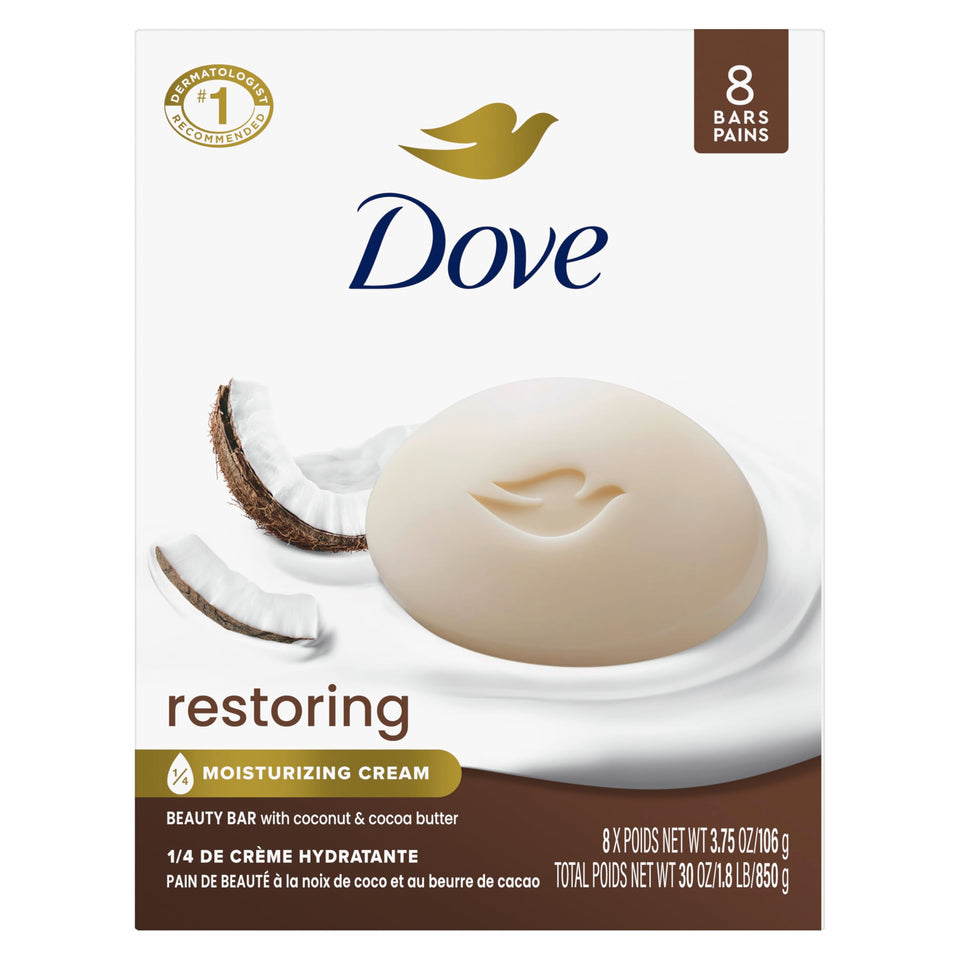 Dove restoring beauty bar front packaging showing bar benefits and scent