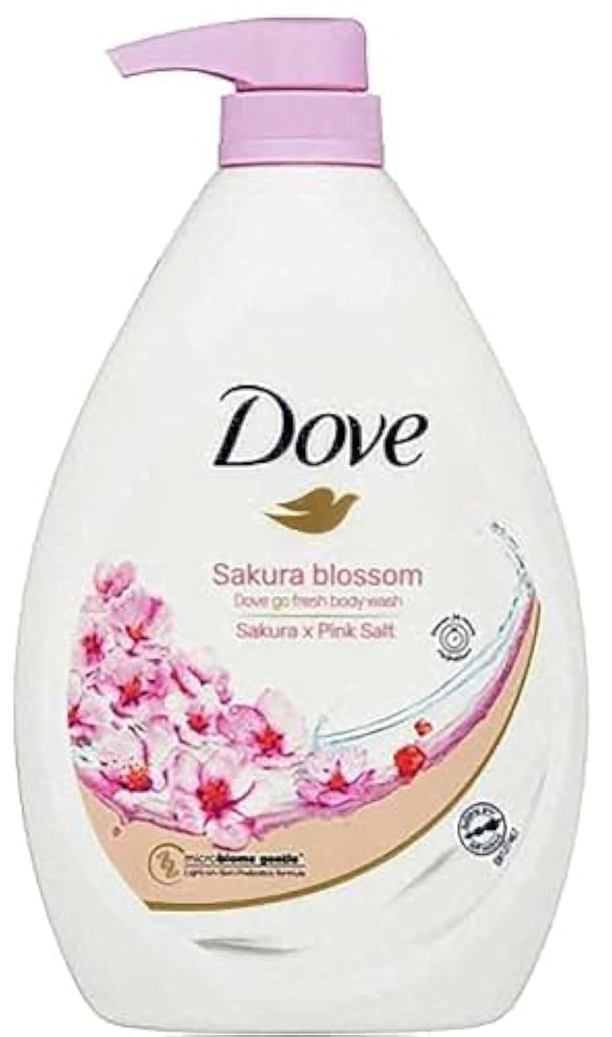 Dove pump bottle front view showing sakura scent and easy dispensing benefit