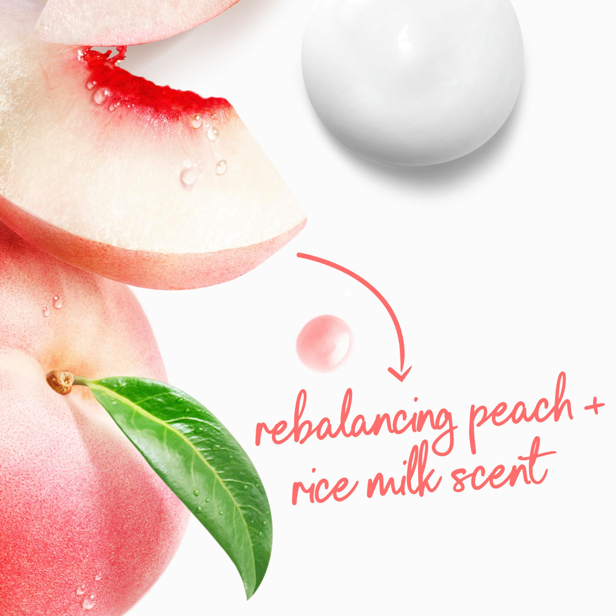 White peach and rice milk ingredients beside Dove bottle conveying calming fragrance