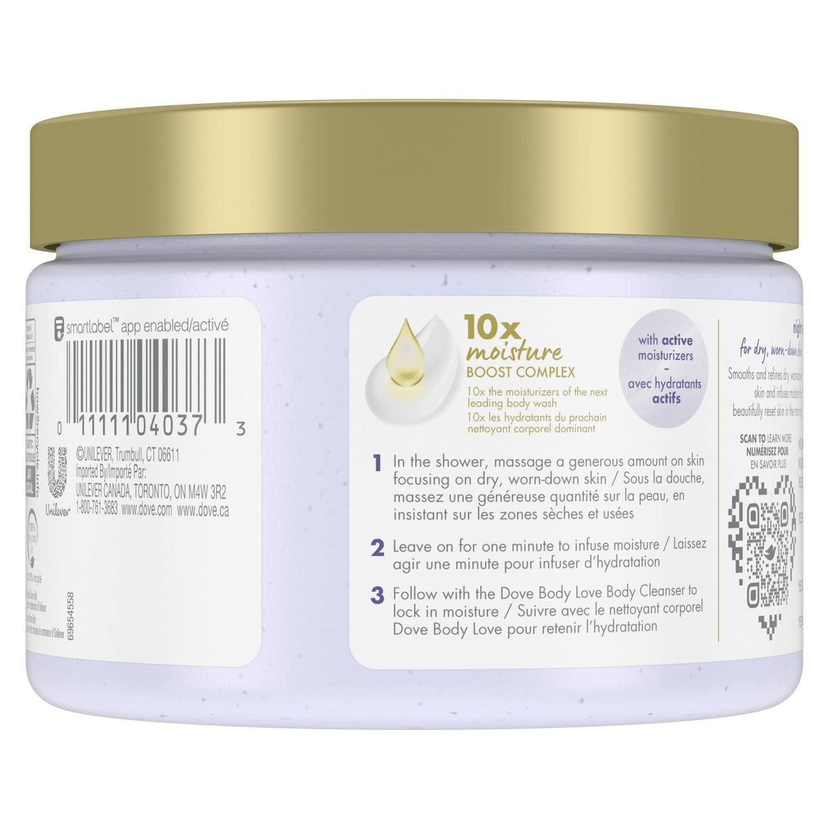 Dove scrub in hand demonstration showing application and easy scoop for convenient use