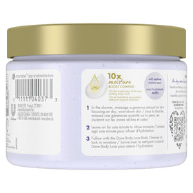 Dove scrub in hand demonstration showing application and easy scoop for convenient use