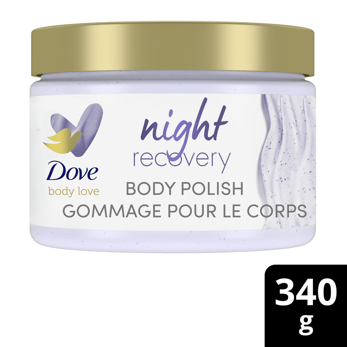 Dove scrub texture closeup highlighting exfoliant beads and creamy serum for visible polish