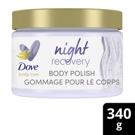 Dove scrub texture closeup highlighting exfoliant beads and creamy serum for visible polish