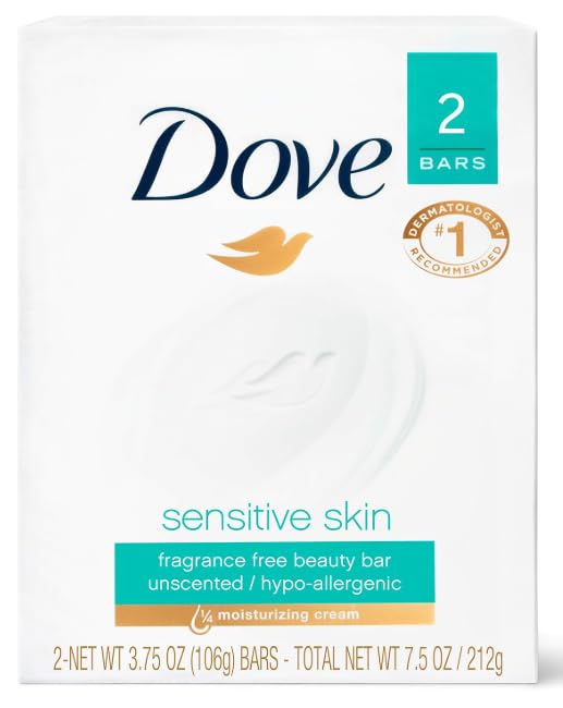 Dove Sensitive Beauty Bar front packaging showing gentle, fragrance-free formula benefit