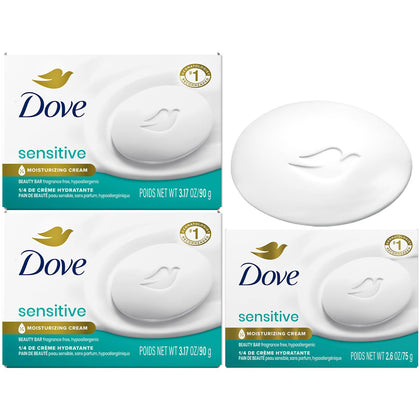 Dove sensitive beauty bar front packaging showing fragrance-free benefit