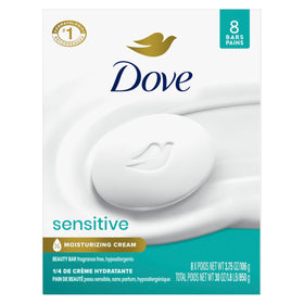 Dove front-packaging showing 8 fragrance-free bars and brand reassurance