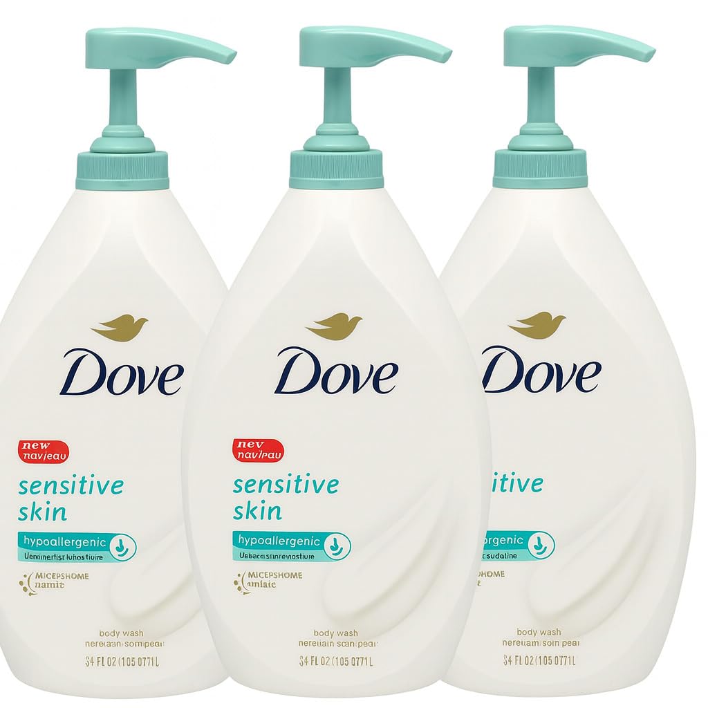 Dove sensitive body wash front pump bottle shows pack and convenient dispensing benefit